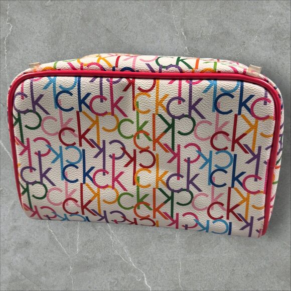 Calvin Klein Rainbow Multi Color Monogram Makeup Bag Tote With Handle Red Zipper - Picture 5 of 7